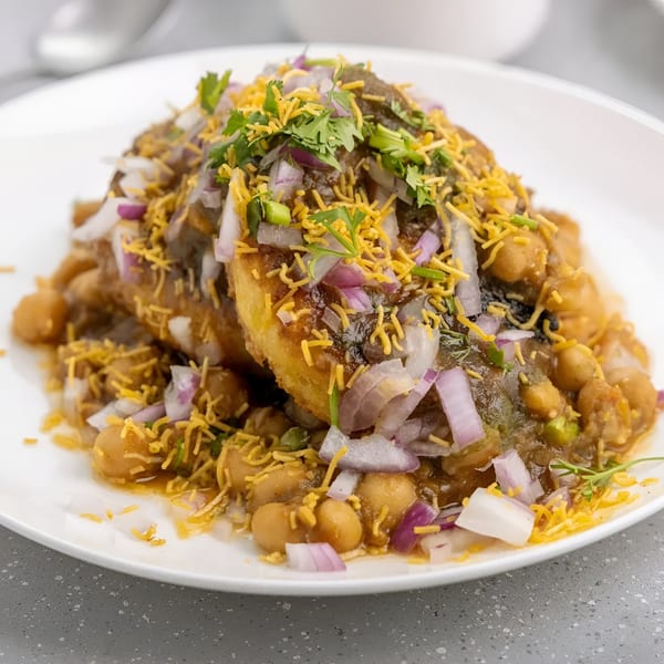 Close-up of Indian Aloo Tikki Chaat, topped with chickpeas, onions, cilantro, and crispy sev.